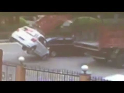 trucks tail lift catapults car into midair