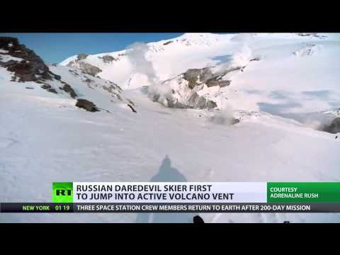 russian daredevil skis down active volcano